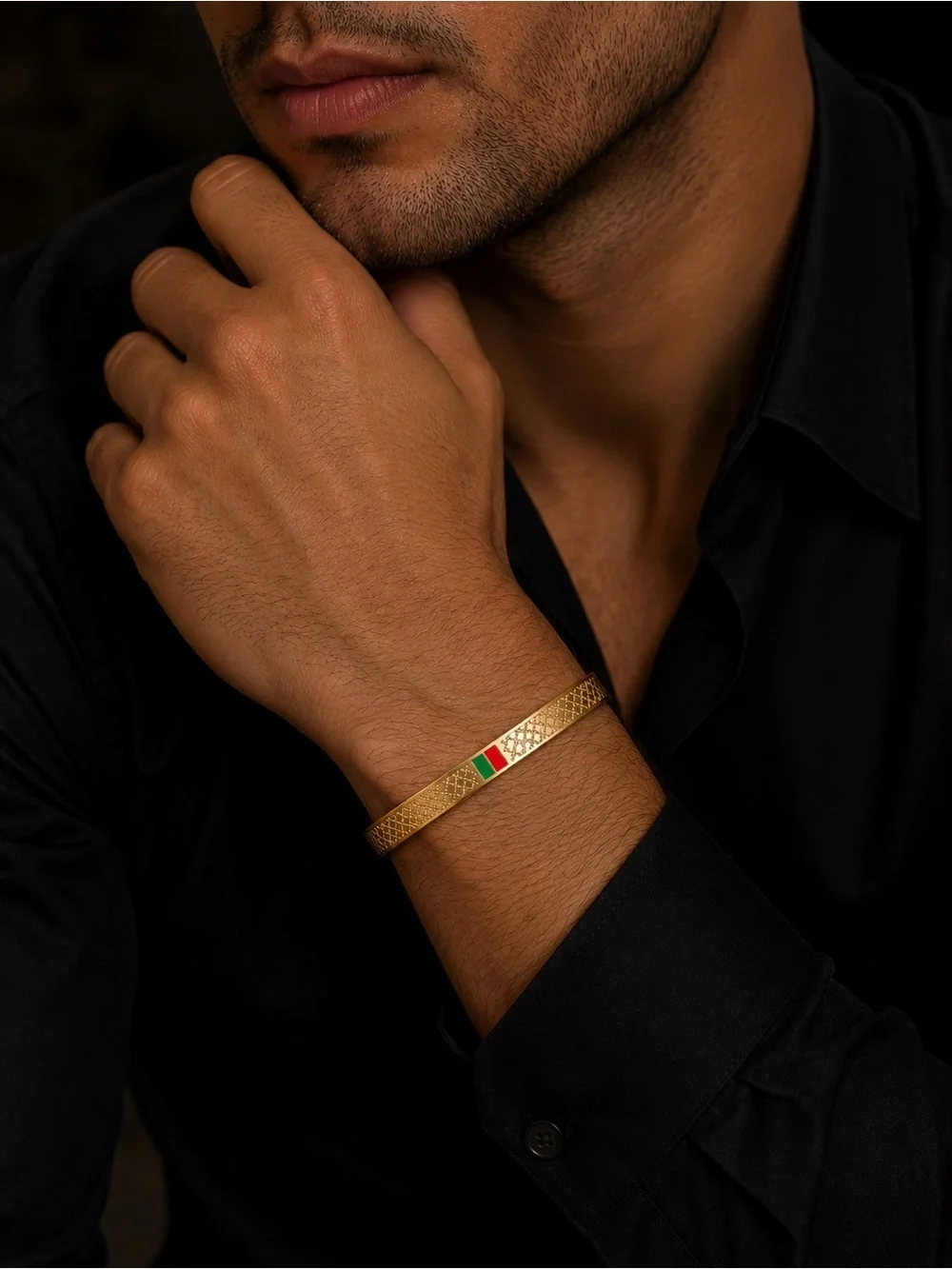 18K Gold Luxury Bangle with Green and Red Accents